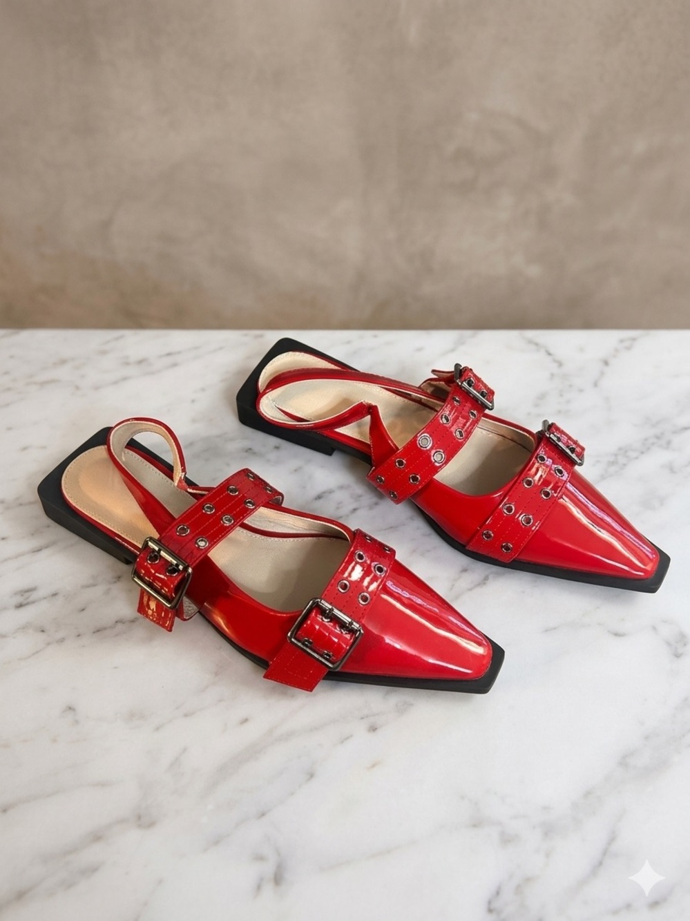 SHEIN Red Patent Square-Toe Buckle Slingback Flats